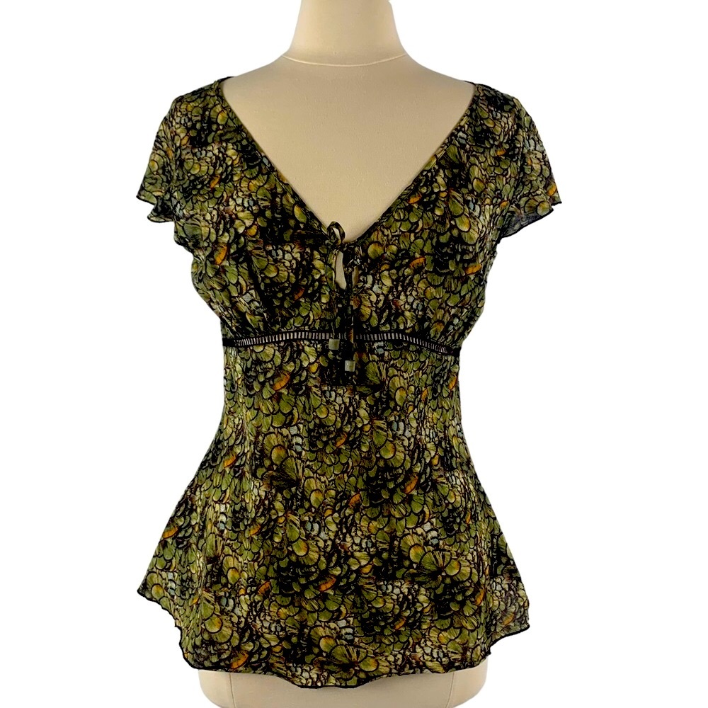 Calvin Klein Green & Brown Flutter Sleeve Blouse w/Keyhole Sz M.